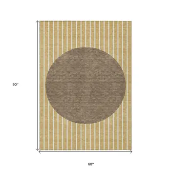 5' X 8' Wheat And Brown Striped Washable Indoor Outdoor Area Rug