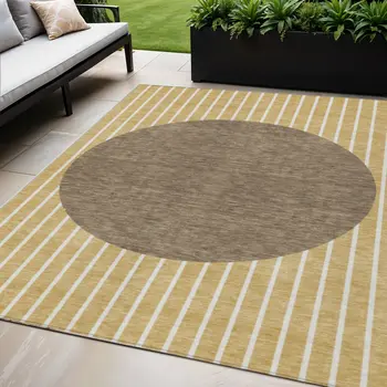 5' X 8' Wheat And Brown Striped Washable Indoor Outdoor Area Rug