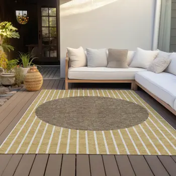 5' X 8' Wheat And Brown Striped Washable Indoor Outdoor Area Rug