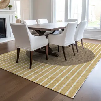 5' X 8' Wheat And Brown Striped Washable Indoor Outdoor Area Rug