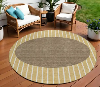 8' Wheat And Brown Round Striped Washable Indoor Outdoor Area Rug