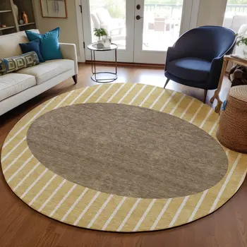 8' Wheat And Brown Round Striped Washable Indoor Outdoor Area Rug