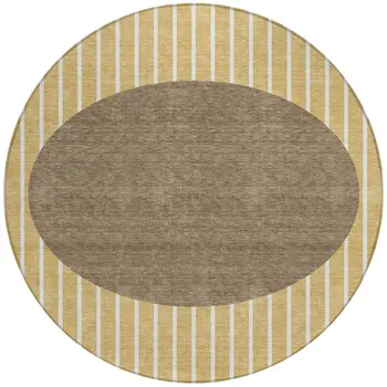 8' Wheat And Brown Round Striped Washable Indoor Outdoor Area Rug