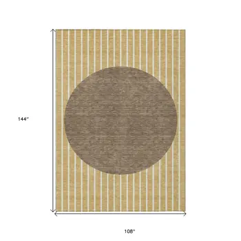 9' X 12' Wheat And Brown Striped Washable Indoor Outdoor Area Rug