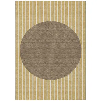 9' X 12' Wheat And Brown Striped Washable Indoor Outdoor Area Rug