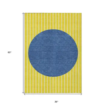 3' X 5' Yellow And Blue Striped Washable Indoor Outdoor Area Rug