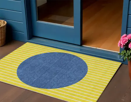 3' X 5' Yellow And Blue Striped Washable Indoor Outdoor Area Rug