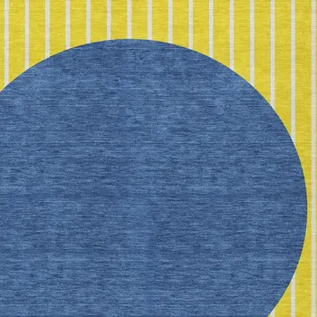 3' X 5' Yellow And Blue Striped Washable Indoor Outdoor Area Rug