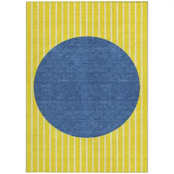 5' X 8' Yellow And Blue Striped Washable Indoor Outdoor Area Rug