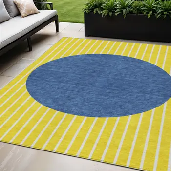 5' X 8' Yellow And Blue Striped Washable Indoor Outdoor Area Rug
