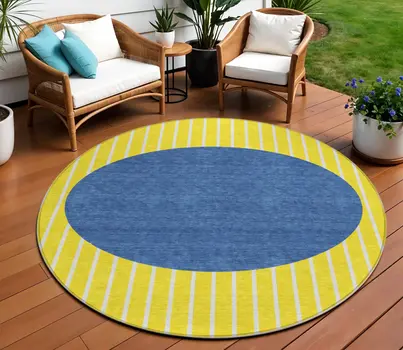 8' Yellow And Blue Round Striped Washable Indoor Outdoor Area Rug