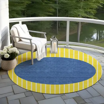 8' Yellow And Blue Round Striped Washable Indoor Outdoor Area Rug