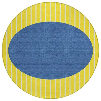 8' Yellow And Blue Round Striped Washable Indoor Outdoor Area Rug