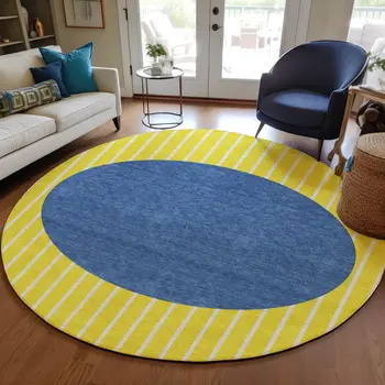 8' Yellow And Blue Round Striped Washable Indoor Outdoor Area Rug