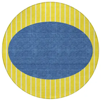 8' Yellow And Blue Round Striped Washable Indoor Outdoor Area Rug