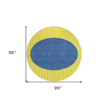 8' Yellow And Blue Round Striped Washable Indoor Outdoor Area Rug