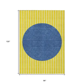 8' X 10' Yellow And Blue Striped Washable Indoor Outdoor Area Rug