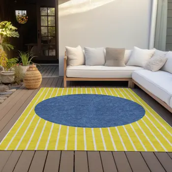 8' X 10' Yellow And Blue Striped Washable Indoor Outdoor Area Rug