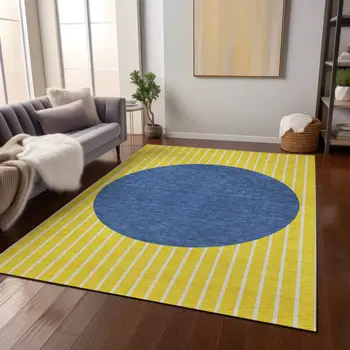 8' X 10' Yellow And Blue Striped Washable Indoor Outdoor Area Rug