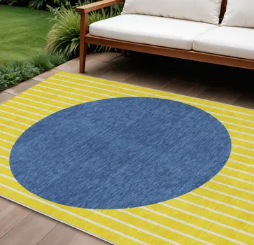 9' X 12' Yellow And Blue Striped Washable Indoor Outdoor Area Rug