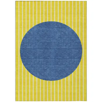 9' X 12' Yellow And Blue Striped Washable Indoor Outdoor Area Rug