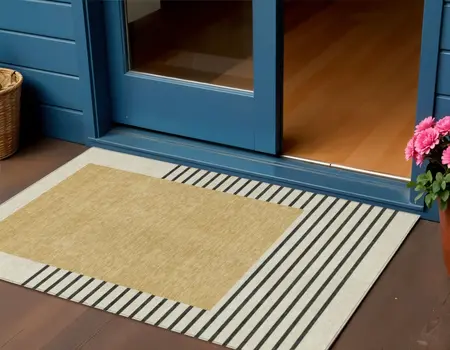 3' X 5' Gold Black And Beige Striped Washable Indoor Outdoor Area Rug