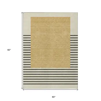 5' X 8' Gold Black And Beige Striped Washable Indoor Outdoor Area Rug