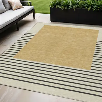 5' X 8' Gold Black And Beige Striped Washable Indoor Outdoor Area Rug