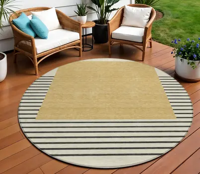 8' Gold Black And Beige Round Striped Washable Indoor Outdoor Area Rug
