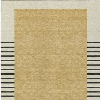 8' X 10' Gold Black And Beige Striped Washable Indoor Outdoor Area Rug