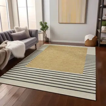 8' X 10' Gold Black And Beige Striped Washable Indoor Outdoor Area Rug