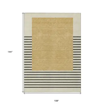 9' X 12' Gold Black And Beige Striped Washable Indoor Outdoor Area Rug