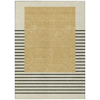 9' X 12' Gold Black And Beige Striped Washable Indoor Outdoor Area Rug
