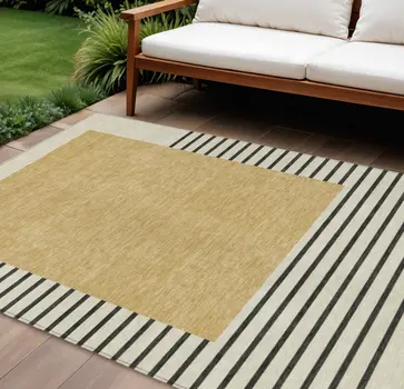 10' X 14' Gold Black And Beige Striped Washable Indoor Outdoor Area Rug