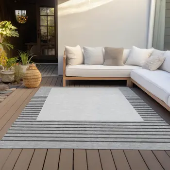 5' X 8' Gray Silver And Black Striped Washable Indoor Outdoor Area Rug