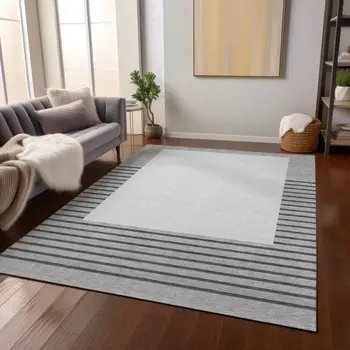 5' X 8' Gray Silver And Black Striped Washable Indoor Outdoor Area Rug