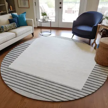 8' Gray Silver And Black Round Striped Washable Indoor Outdoor Area Rug