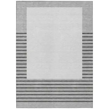 9' X 12' Gray Silver And Black Striped Washable Indoor Outdoor Area Rug