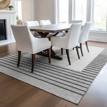 9' X 12' Gray Silver And Black Striped Washable Indoor Outdoor Area Rug