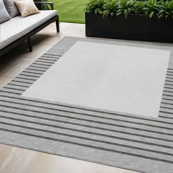 10' X 14' Gray Silver And Black Striped Washable Indoor Outdoor Area Rug
