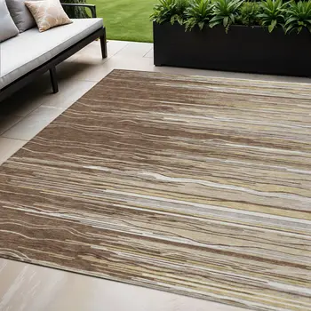 5' X 8' Brown Beige And Ivory Striped Washable Indoor Outdoor Area Rug