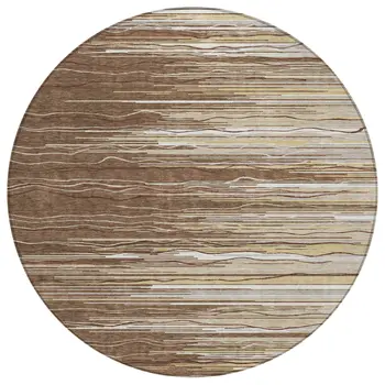 8' Brown Beige And Ivory Round Striped Washable Indoor Outdoor Area Rug