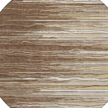 8' Brown Beige And Ivory Round Striped Washable Indoor Outdoor Area Rug