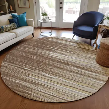 8' Brown Beige And Ivory Round Striped Washable Indoor Outdoor Area Rug