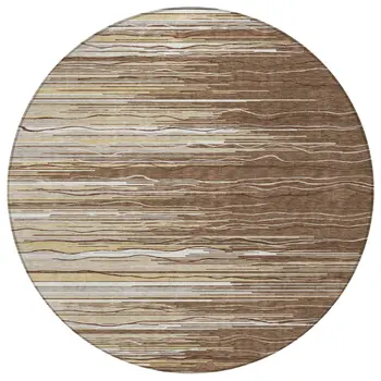 8' Brown Beige And Ivory Round Striped Washable Indoor Outdoor Area Rug