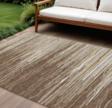 8' X 10' Brown Beige And Ivory Striped Washable Indoor Outdoor Area Rug