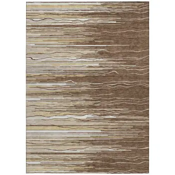 9' X 12' Brown Beige And Ivory Striped Washable Indoor Outdoor Area Rug