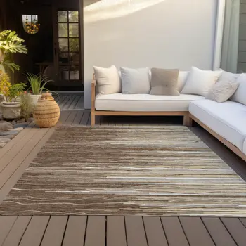 10' X 14' Brown Beige And Ivory Striped Washable Indoor Outdoor Area Rug