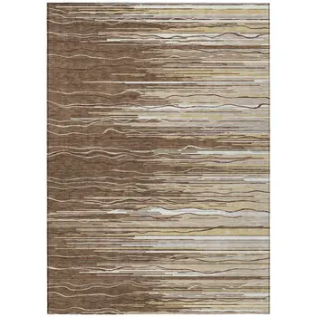 10' X 14' Brown Beige And Ivory Striped Washable Indoor Outdoor Area Rug