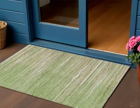3' X 5' Green Beige And Ivory Striped Washable Indoor Outdoor Area Rug